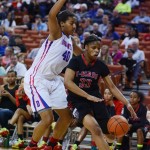 Sophomore Ciera Johnson blocks San Antonio Wagoner's Kaelynn Wilson in the lane during thei third quarter of their 80-57 win. (Karla Estrada photo)