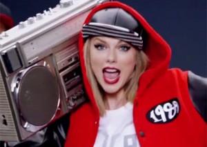 A still from Swift's music video during which she had personas representing different genres of music. 