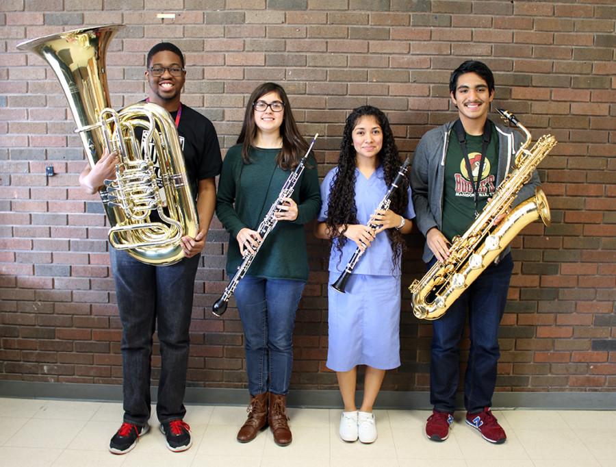 Members of the band advancing to All-State included: Sharif Long on Tuba, Reed Guinta, English Horn, Claudia Corpeno, B' Clarinet and John Cruz on the Baritone Saxaphone. (Taryn Marceleno photo)