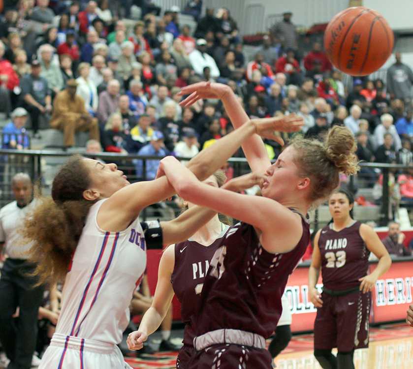 Senior UNT commit Madison Townley fights for possession of the ball against Plano in their Regional Quarterfinal win. (Jordan Bell photo)