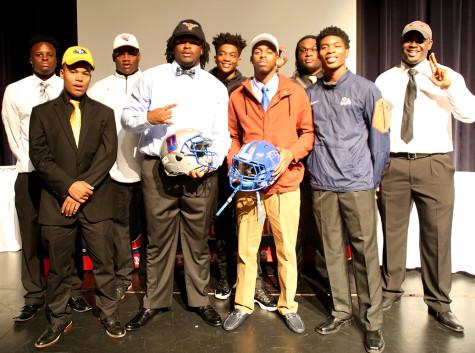 This year's signing class included John Allen – Grambling St, Jaquel Pierce – Texas St., Markey Archer – Trinity Valley, Bailey Phillips – Southeastern Oklahoma St. Univ, Chris Walker – Southern Oklahoma St. Univ, Michael Myers – UT – Permian Basin, Cameron Devose – Northern Colorado, Jareon Bryant – Fresno St., Marcel Southall – Univ. of Texas. (Cynthia Rangel photo)