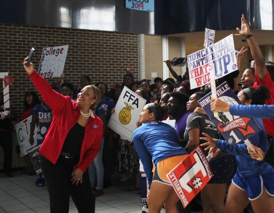 New building principal Tia Simmons was at the beginning and end of the lipdub showing her Panther Pride. (Ruth Thunderhawk photo)