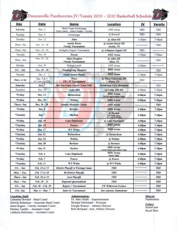 Girls Varsity Basketball Schedule