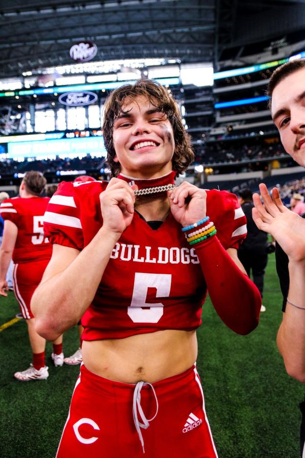 Senior Noah Paddie celebrates Carthage's state title win at the UIL 4A division II championship at ATT stadium.